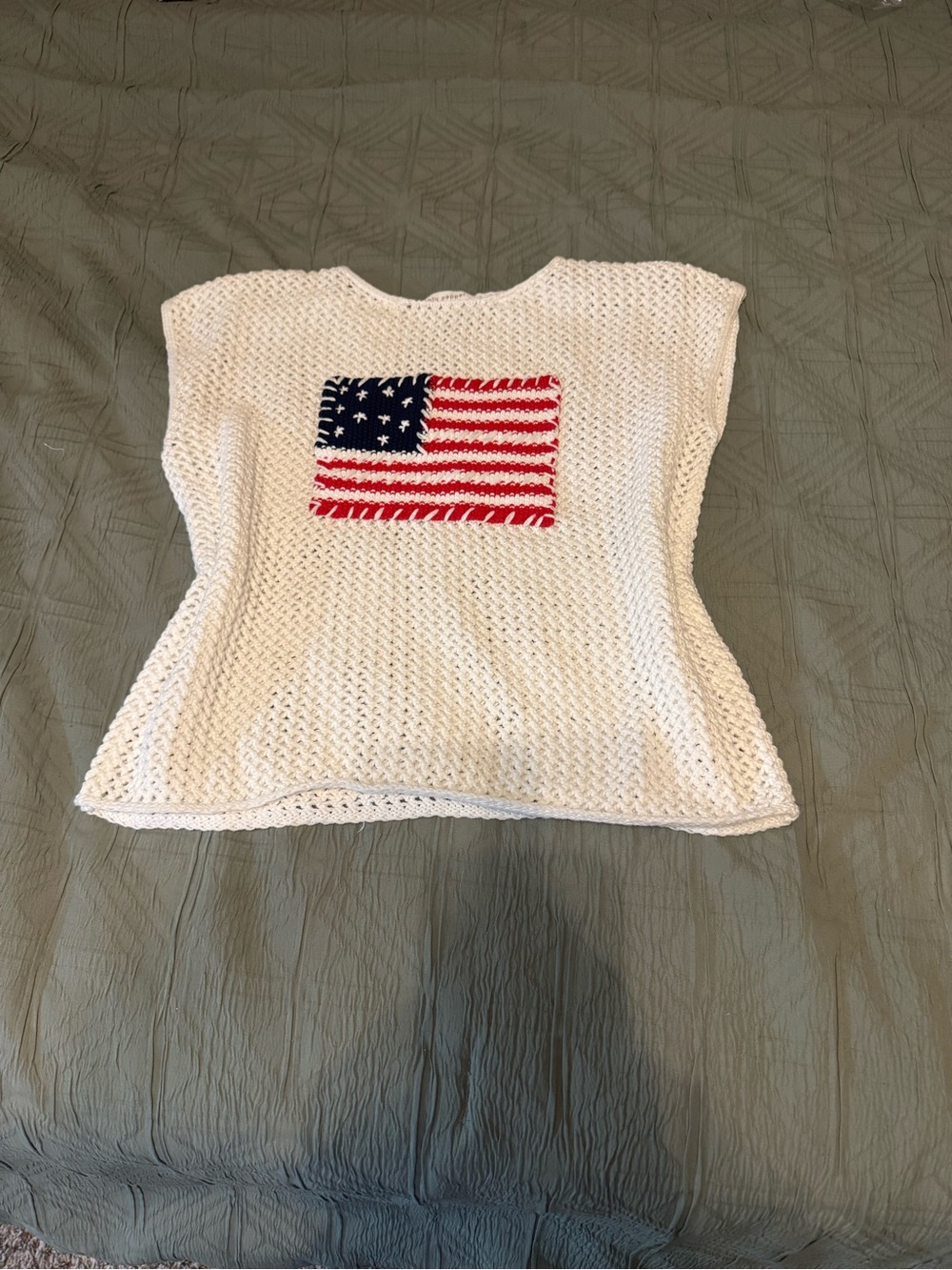 White Crochet Top with American Flag Patch